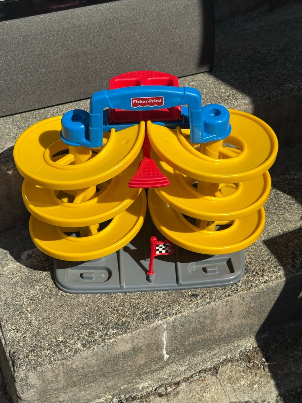 Vintage Fisher-Price Yellow, Blue & Red Spiral Race Ramp Playset